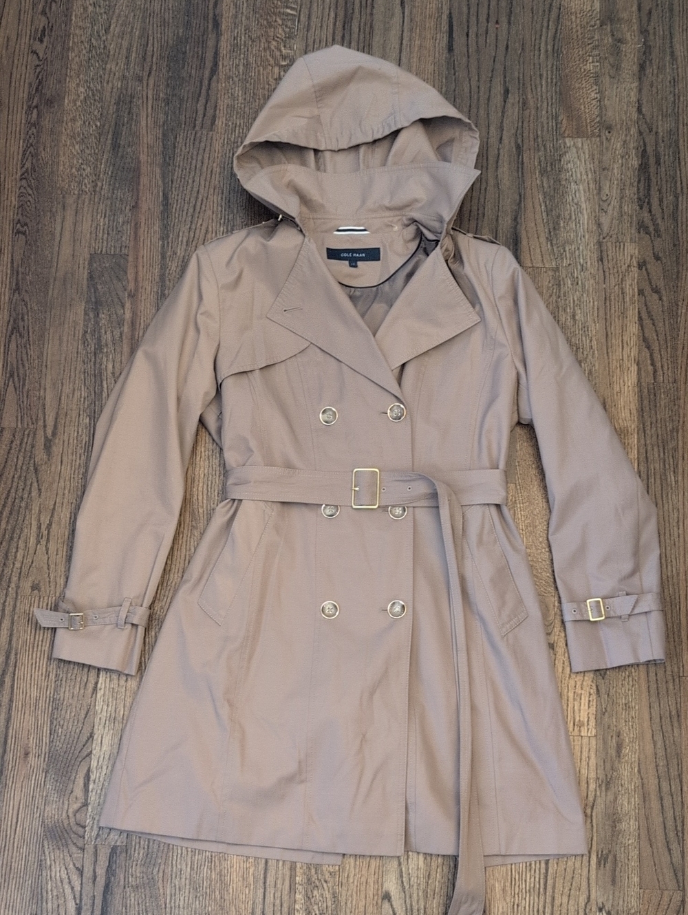 Cole Haan Taupe Hooded Double-Breasted Trench Coat